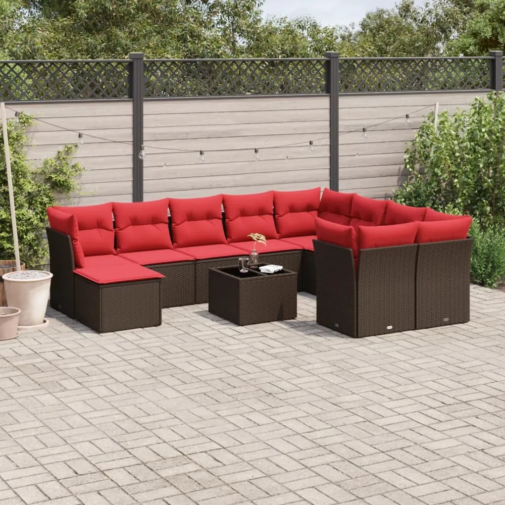 vidaXL 11 pcs conjunto sofás de jardim c/ almofadões vime PE castanho