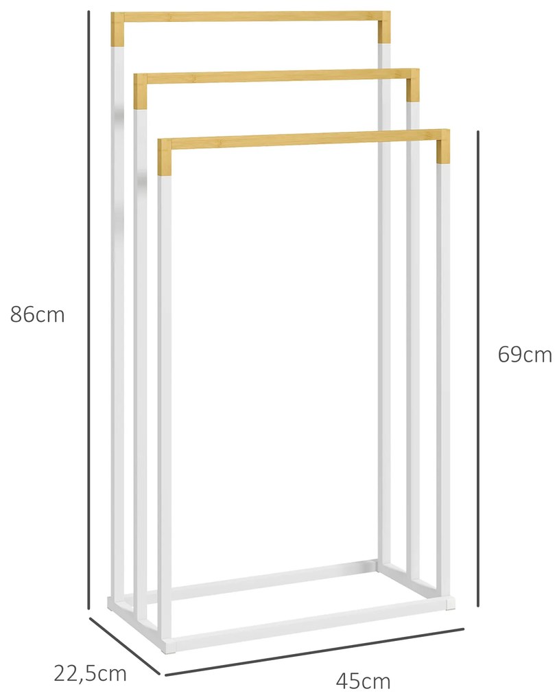 Toalheiro de Pé de 3 Níveis em Forma de Escada com 3 Barras de Bambu e Estrutura de Aço 45x22,5x86 cm Branco e Madeira