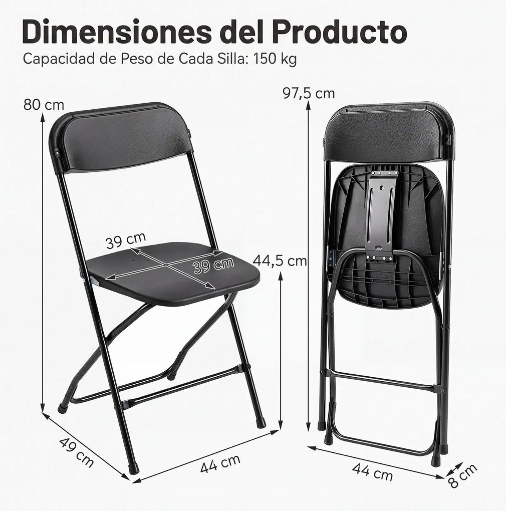 Conjunto de 4 Cadeiras de Jantar Dobráveis (MESA NÃO INCLUIDA), 44 x 49 x 80 cm, Encosto Inclinado, Preto