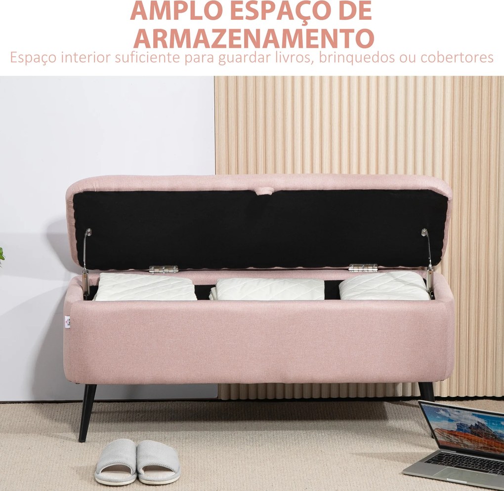 Banco de Armazenamento Estofado em Linho com Tampa Abatível e Pés de Aço Carga Máxima 150kg 101x38,5x44,5 cm Rosa
