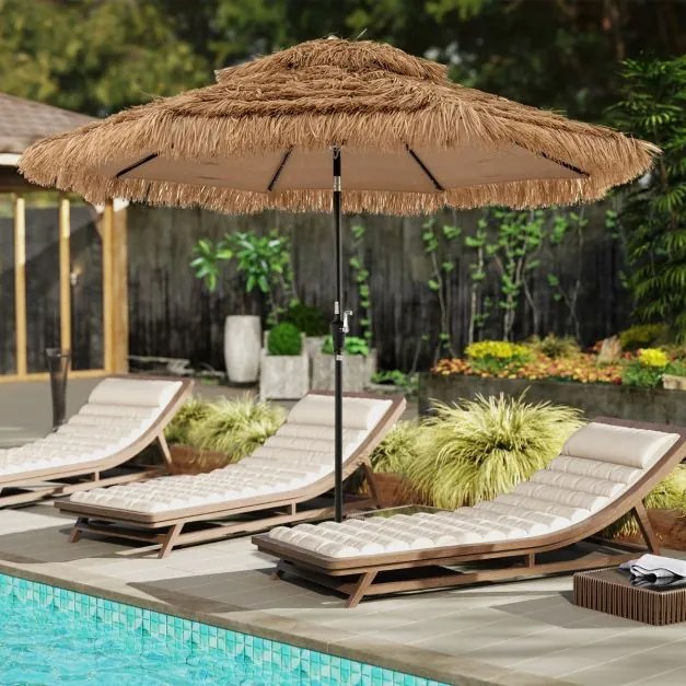 Guarda-sol Ø300cm Havaiano com LUZES LED de Palha PE Guarda-sol de Rafia Inclinável com 8 Varas Duplo Teto (SEM BASE) Natural