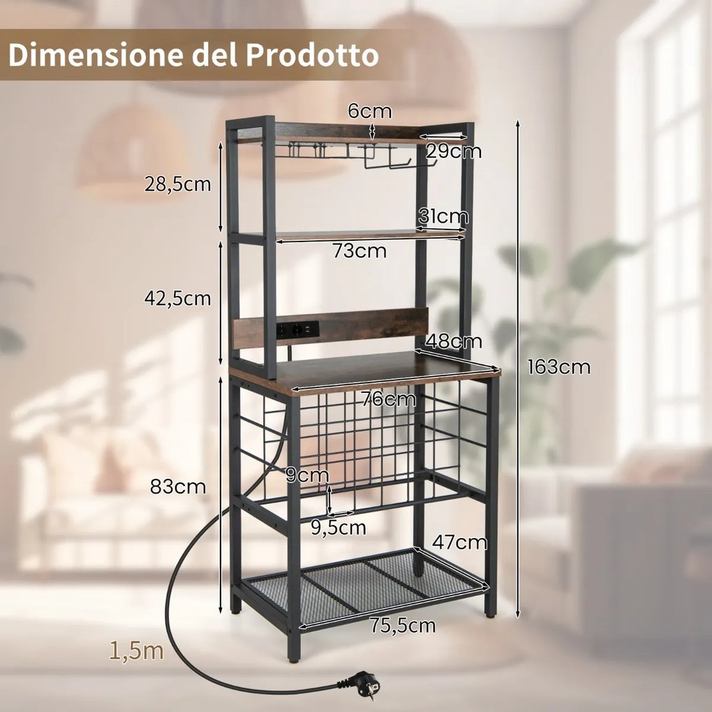 Garrafeira industrial com 4 Estantes para 24 Garrafas Bar doméstico com 2 tomadas e 2 portas USB 76 x 48 x 162,5 cm Castanho