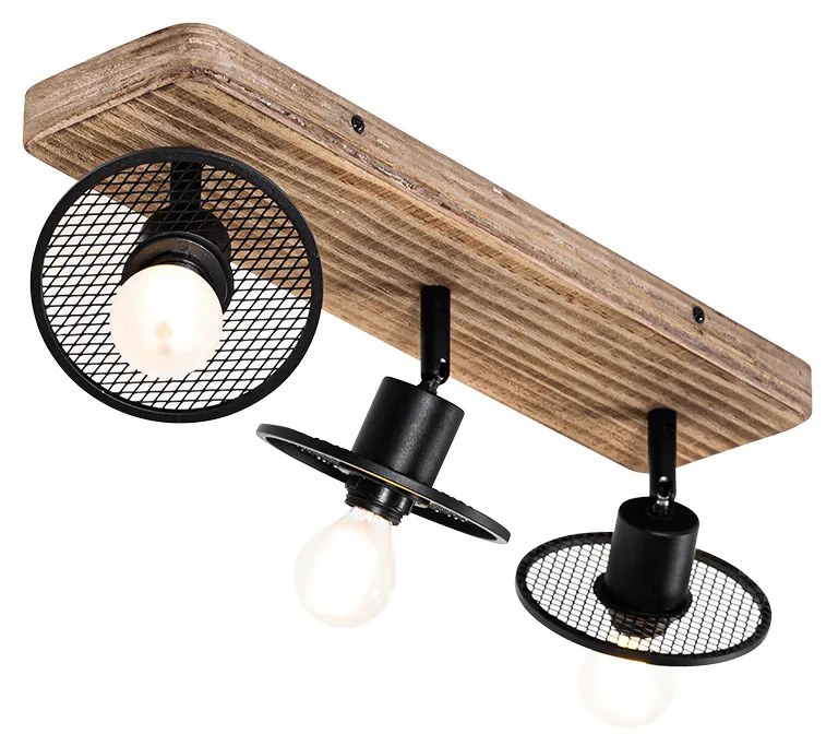 Candeeiro de teto industrial preto com madeira 3 luzes - Jasmine Industrial