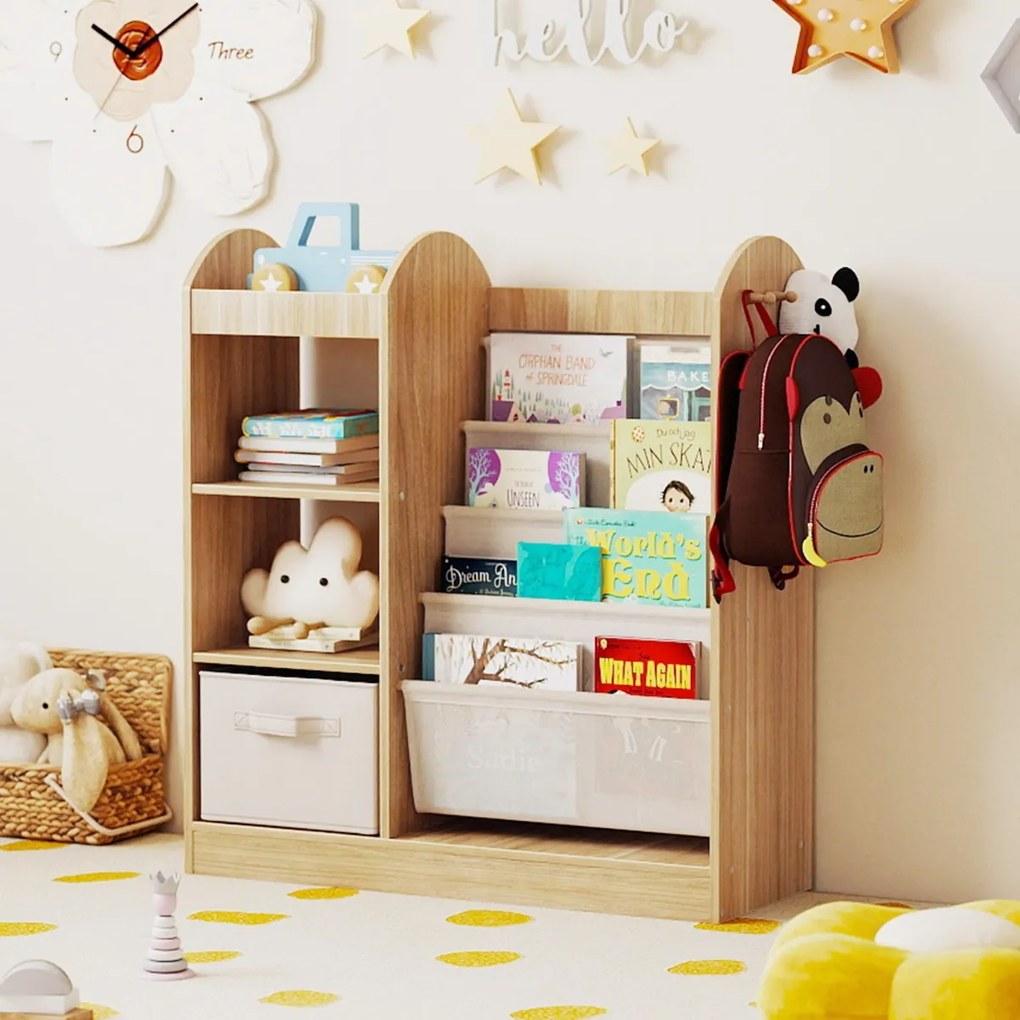 Estante para crianças 87,5 x 30 x 90 cm com espelho de corpo inteiro Organizador de brinquedos com gaveta e prateleiras de tecido de 4 níveis natural