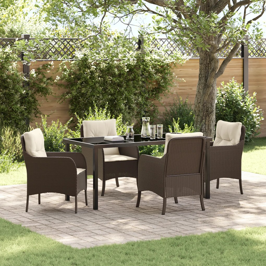 vidaXL Conjunto de Jantar de Jardim de 5 Peças com Almofadas Castanhas de Vime PE