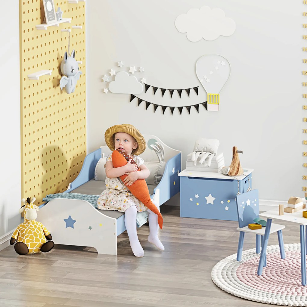 Cama para Crianças 143x74x59 cm (COLCHÃO NÃO INCLUIDO) Cama Infantil com Desenho em Estrelas Carga 50 kg para Dormitório Azul e Branco