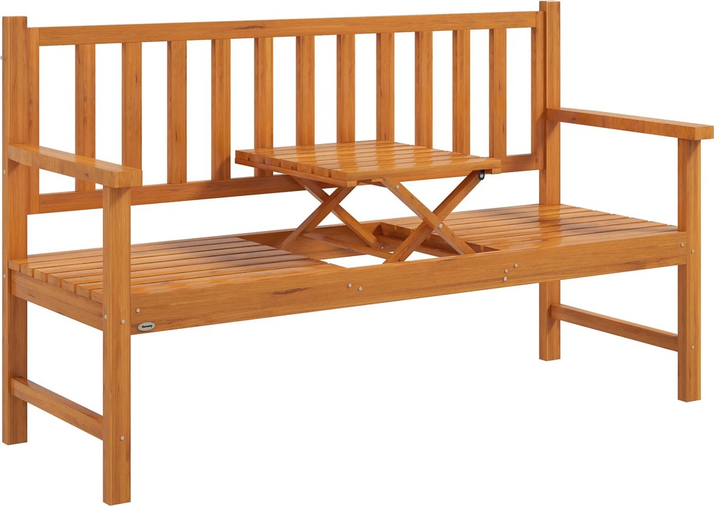 Outsunny Banco de Jardim com Mesa Central Elevatória e Apoios de Braço, em Madeira, 153x56x91 cm, Castanho Chiaro | Aosom Portugal