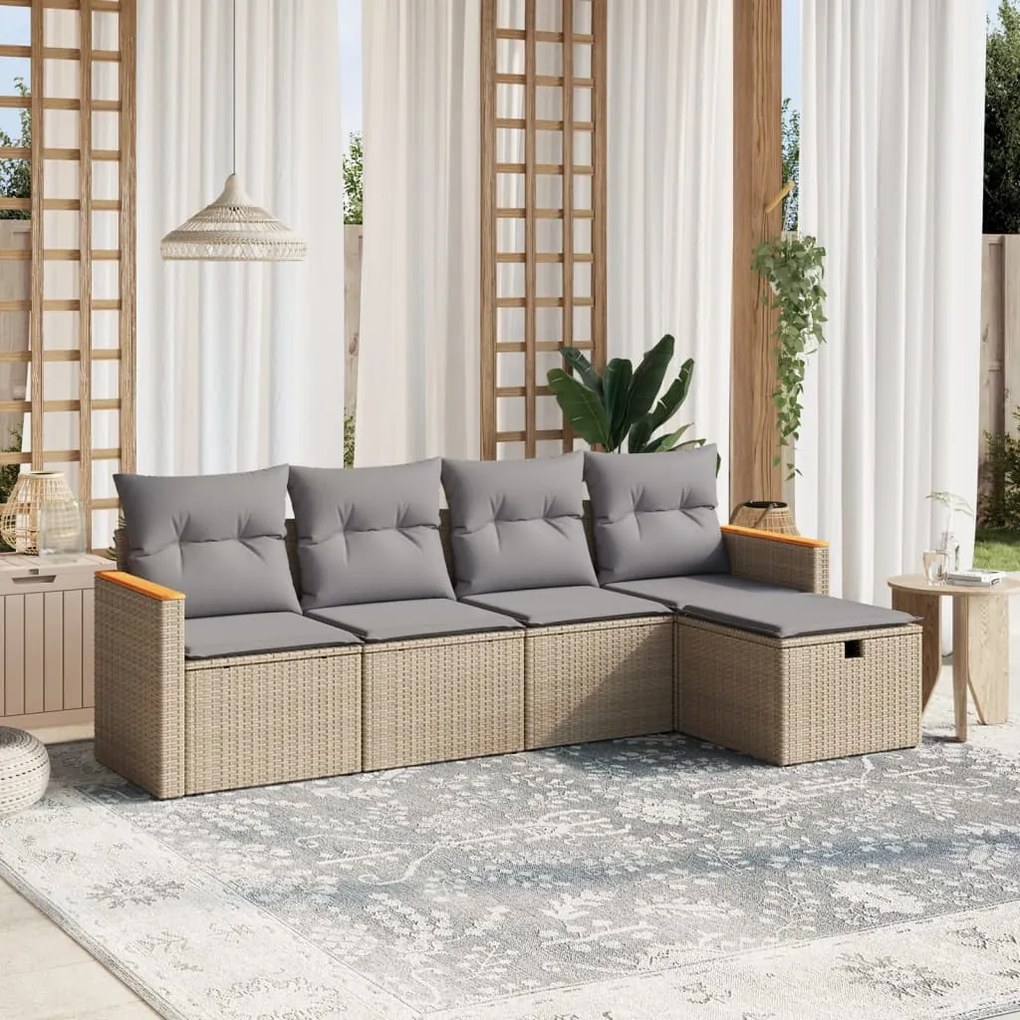 vidaXL 5 pcs conj. sofás jardim c/ almofadões vime PE bege misturado