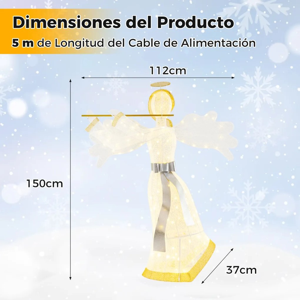 Anjo pré-iluminado Decoração de Natal artificial com 100 luzes LED 4 estacas de solo para jardim