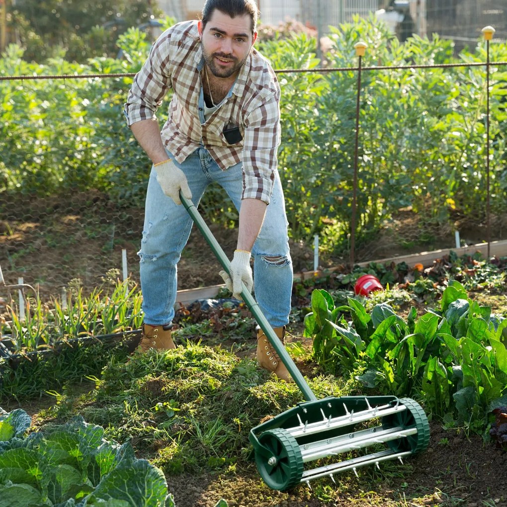 Aireador de Relva "Verde" com Rodas e Púas de 46 cm - Ferramenta para