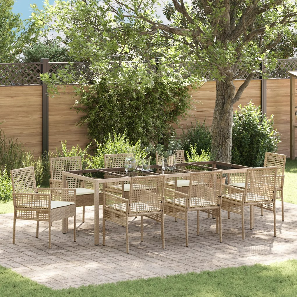Conjunto de Jantar de Jardim VidaXL com 9 Peças e Almofadas Bege em Rattan Poliéster