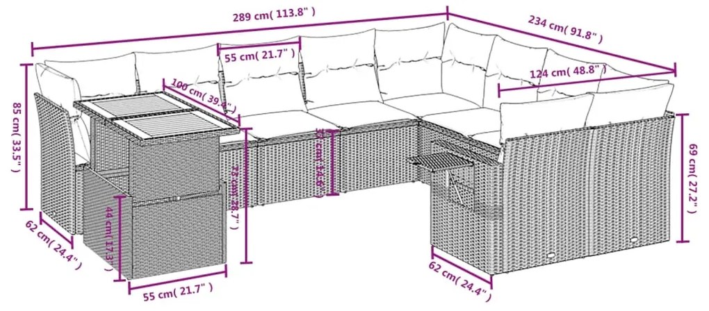 10 pcs conjunto de sofás p/ jardim com almofadões vime PE bege