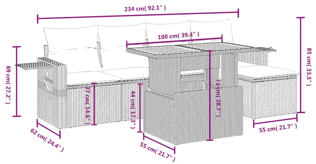 6 pcs conjunto sofás de jardim com almofadões vime cinzento