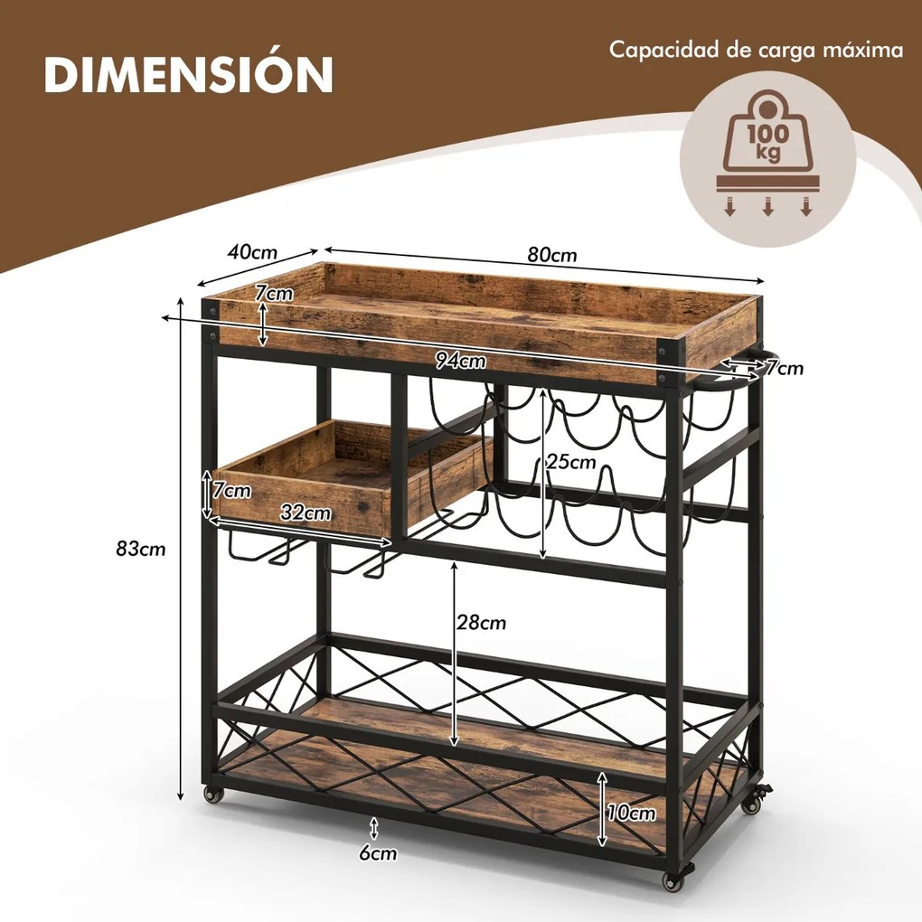 Carrinho garrafeira e de serviço de bar de 3 níveis Tabuleiro amovível Suporte de vinho Suporte de copos para cozinha Sala de jantar 80x40x83cm Castan