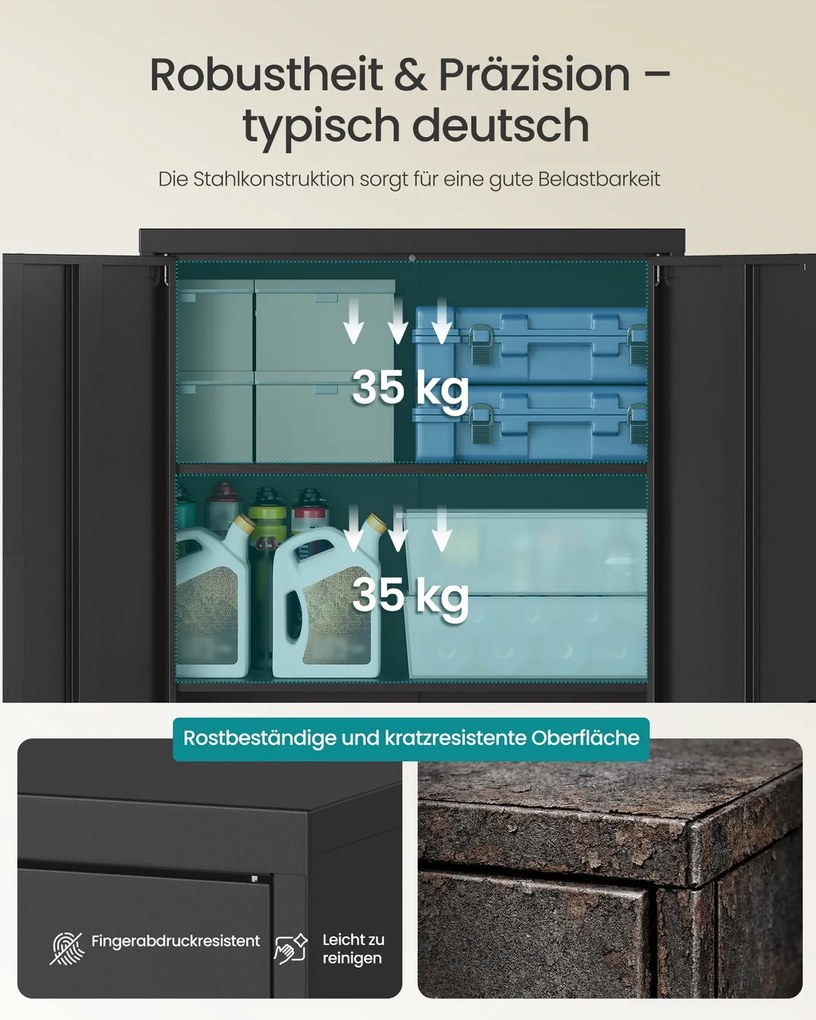 Armário de arquivo escritório com fechadura 80 x 40 x 140 cm, 3 prateleiras ajustáveis, preto mate