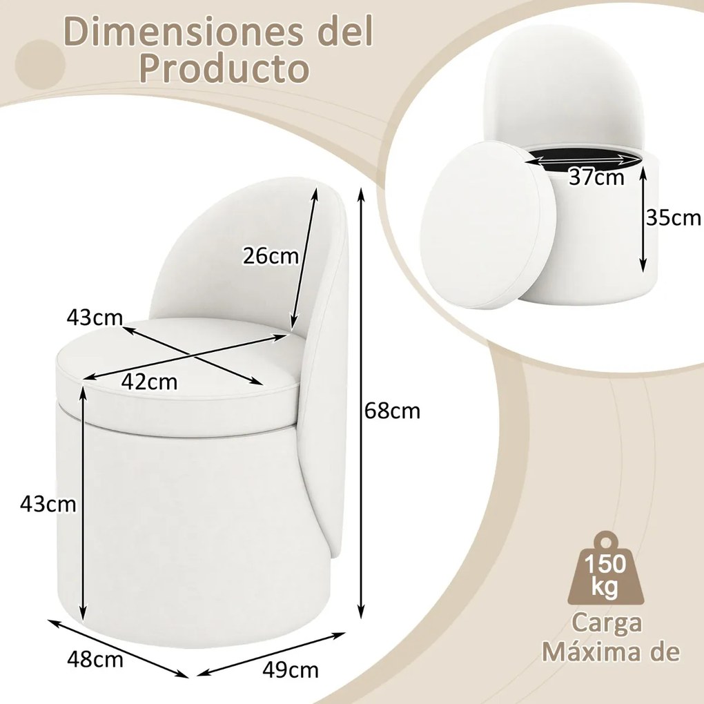 Banco com encosto para Toucador estofada com assento acolchoado Design cilíndrico moderno Branco