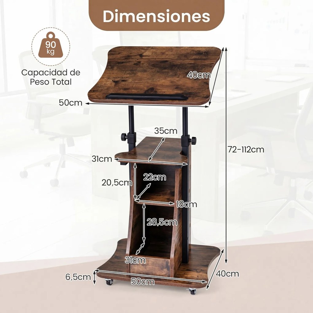 Mesa de Orador Móvel, 50 x 40 x 72-112 cm, Altura Ajustável, Castanho
