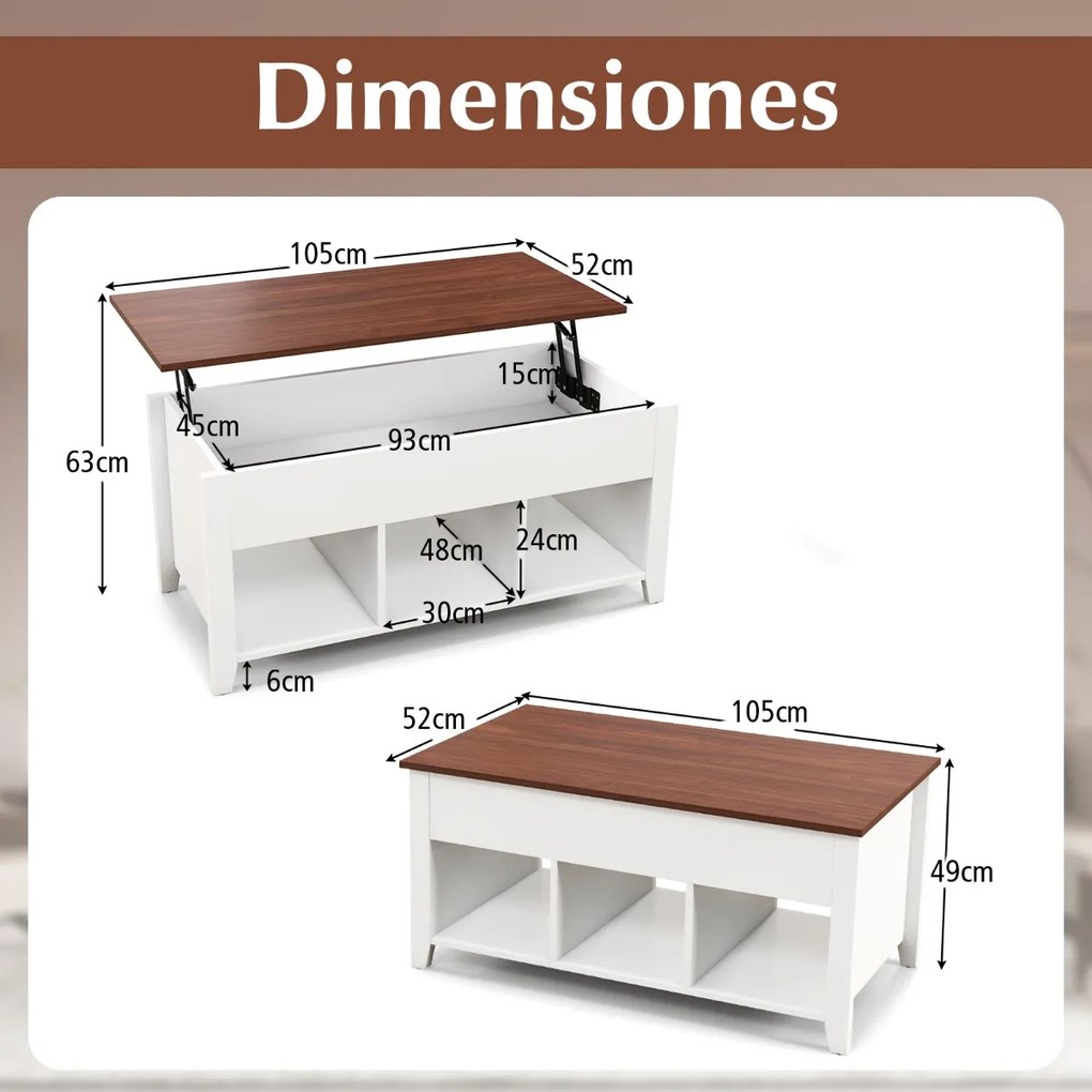 Mesa de centro de madeira elevável multifuncional com 3 prateleiras abertas para sala de estar 105 x 52 x 49 cm branca