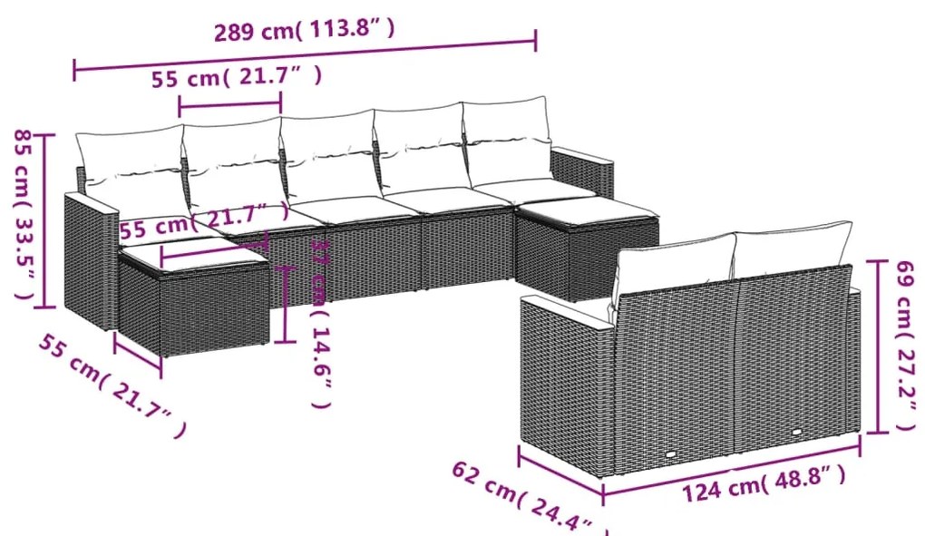 9 pcs conj. sofás jardim c/ almofadões vime PE bege misturado