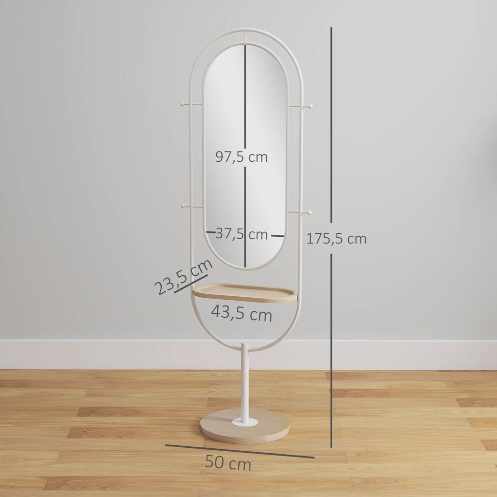 Espelho de Pé 50x175,5 cm Espelho de Corpo Inteiro com Bandeja de Madeira 4 Ganchos e Estrutura de Metal 50x40x175,5 cm Branco