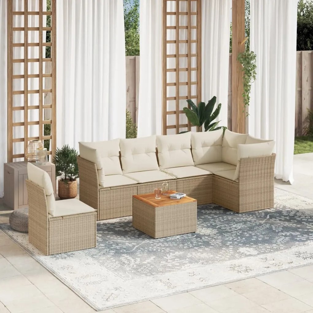 7 pcs conjunto de sofás p/ jardim com almofadões vime PE bege