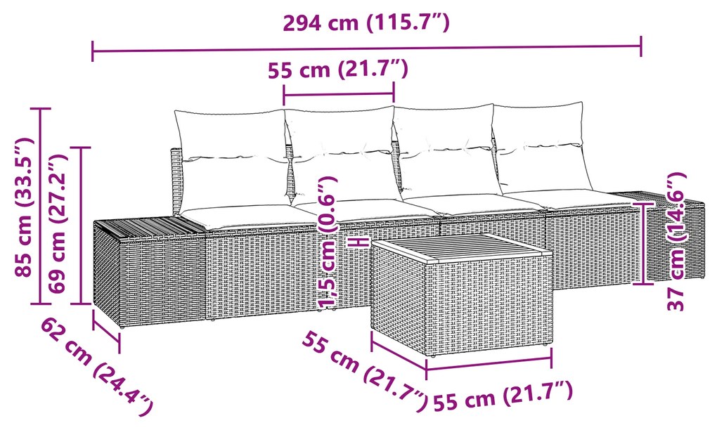 Conjunto de Sofás para Jardim de 5 peças com Almofadas Pretas de Vime