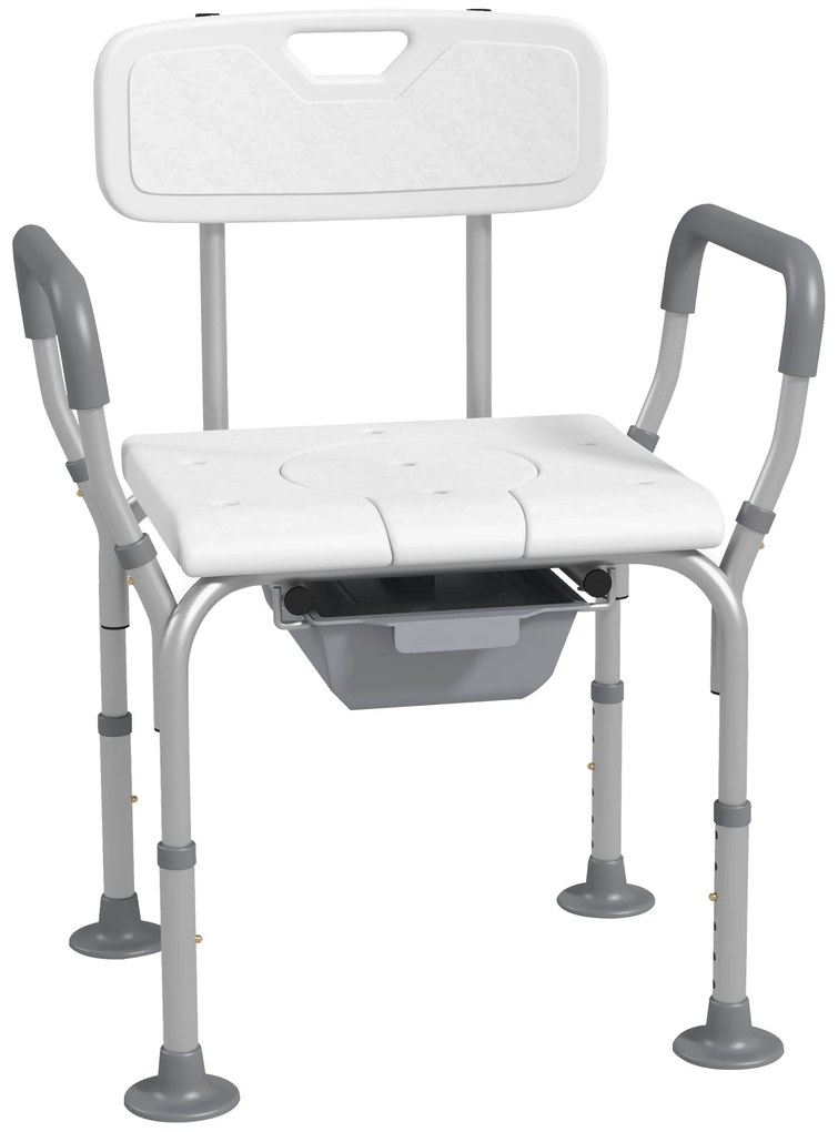 HOMCOM Cadeira de Duche Cadeira de Rodas com Penico Altura Ajustável Pés Antiderrapantes Capacidade Máx.136Kg em Alumínio HDPE Branco | Aosom Portugal