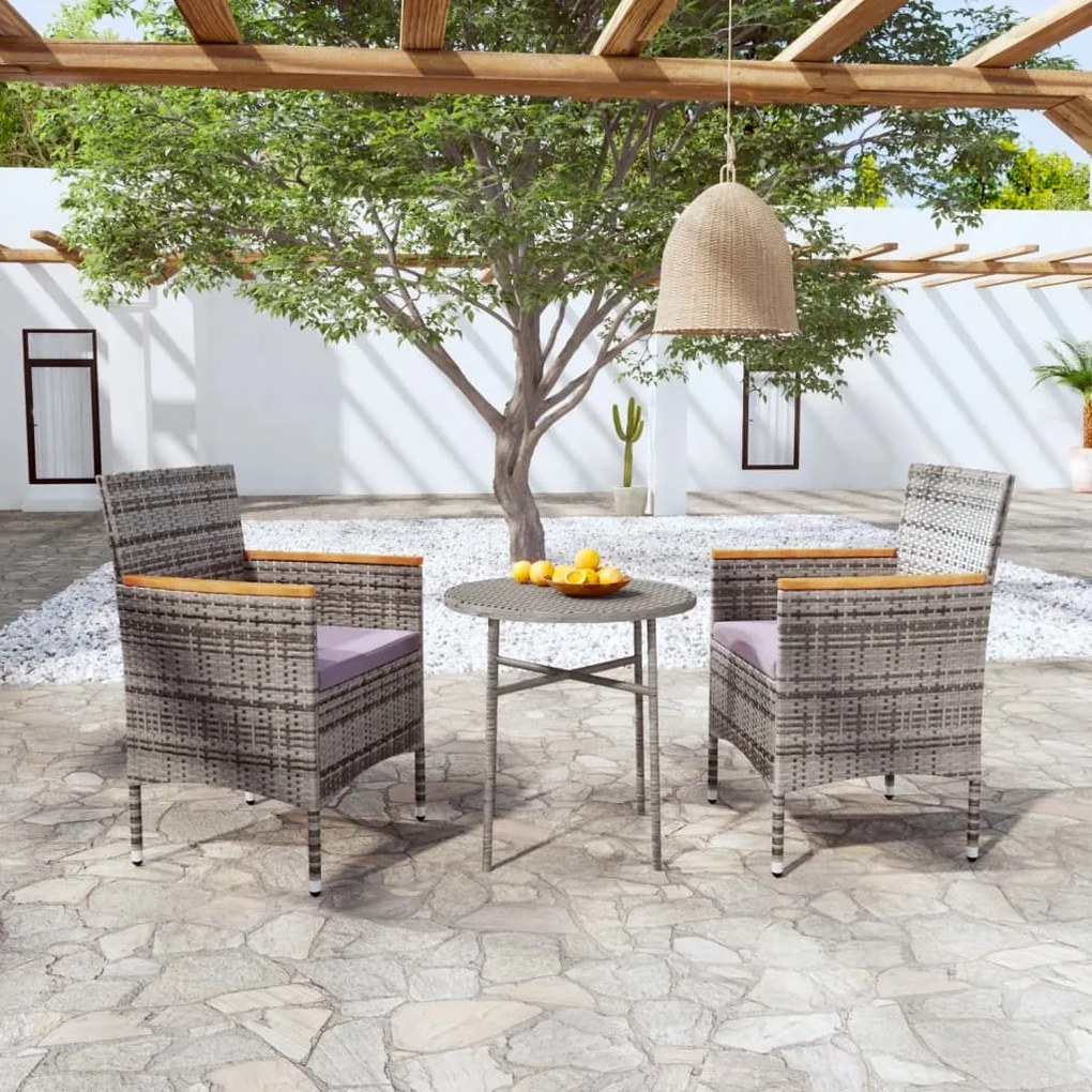 vidaXL 3 pcs conjunto de jantar para jardim vime PE cinzento