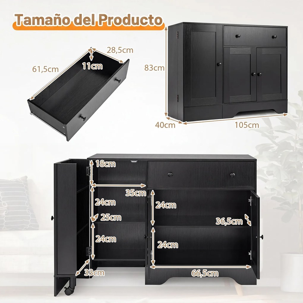 Aparador de Cozinha com Porta Giratória, 105 x 40 x 83 cm, Amplo Espaço de Arrumação, Preto