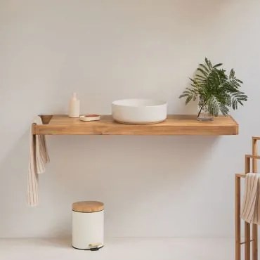 Conjunto De Móvel De Casa De Banho 130x45 Cm Suspenso Em Madeira De Teca Neill Madeira De Teca & Cerâmica Redonda Branca Ø40 Cm Lenka & Sem Espelho &