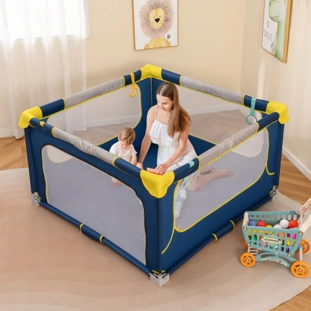Parque infantil para bebés 127 x 127 x 72,5 cm com 50 bolas oceânicas e 4 pegas. Parque com porta com fecho de correr para 0-3 anos Azul.