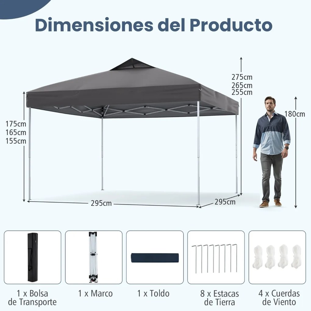 Tenda dobrável 295 x 295 cm para jardim, feiras, eventos com bolsa de transporte teto ventilado Cinzento