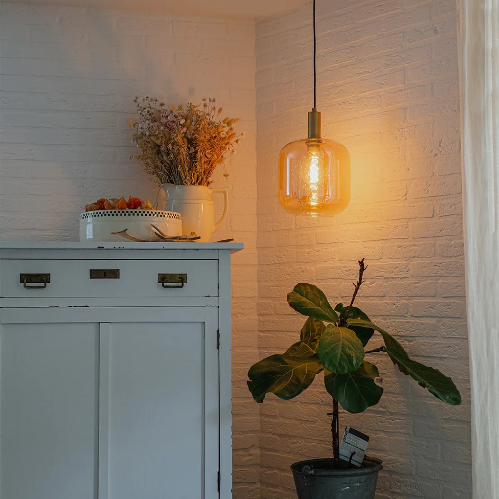 Candeeiro de suspensão design preto com latão e vidro âmbar - Zuzanna Design