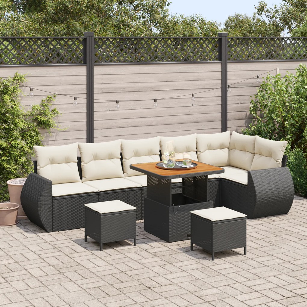 Conjunto de Sofá de Jardim com Almofadas de 9 Peças Preto Rattan Polié