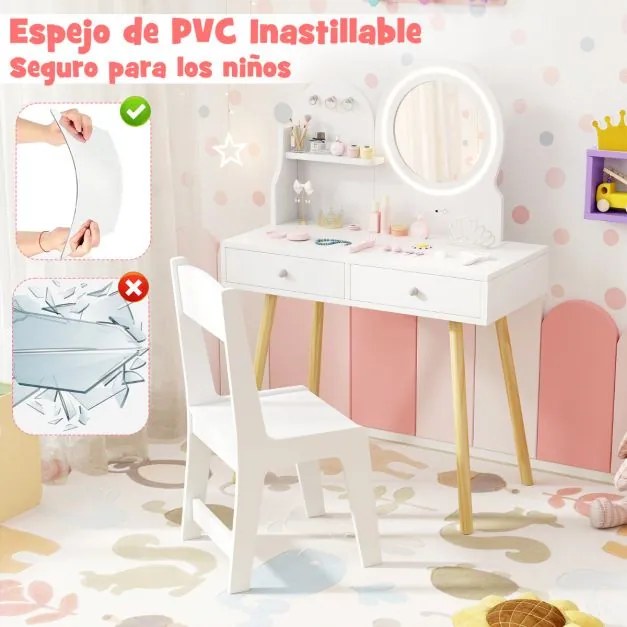 Conjunto de Toucador Infantil com Espelho Iluminado Conjunto de Mesa e Cadeira de Princesa com Espelho e Luzes Ganchos e Gavetas Branco