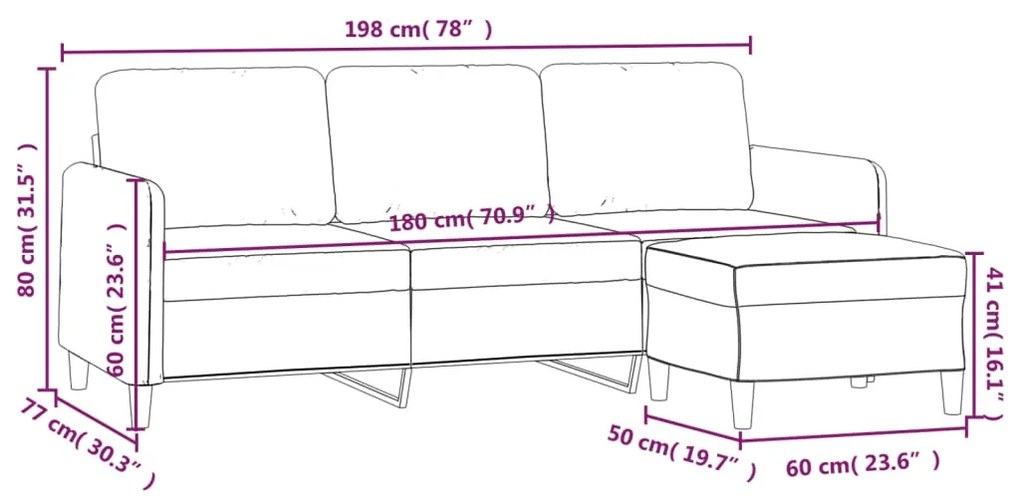 Sofá de 3 lugares com apoio de pés 180 cm tecido cinzento-claro