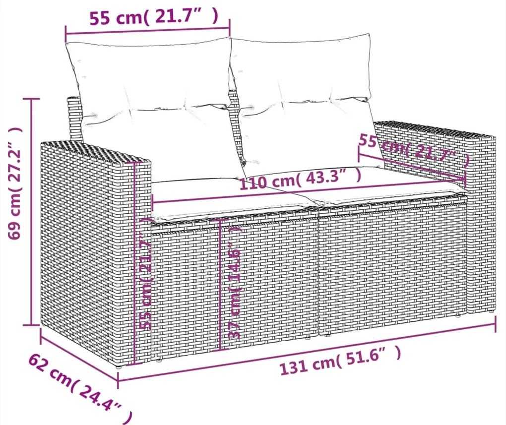 11 pcs conjunto sofás de jardim c/ almofadões vime PE cinzento