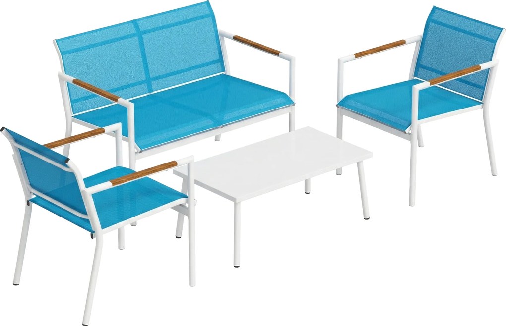 Outsunny Conjunto Jardim 4 Lugares Sofá, Poltronas, Mesa em Metal, Azul. | Aosom Portugal