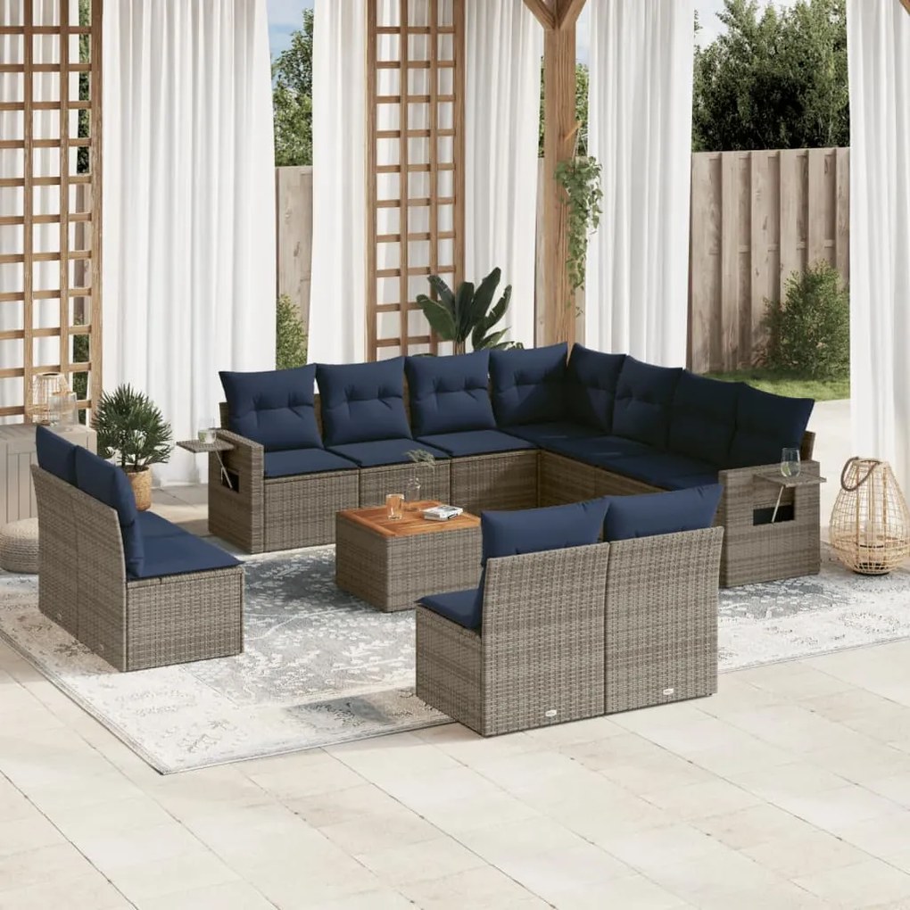vidaXL 12 pcs conjunto sofás p/ jardim c/ almofadões vime PE cinzento