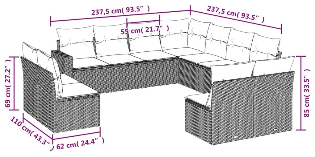 11 pcs conjunto sofás de jardim c/ almofadões vime PE cinzento