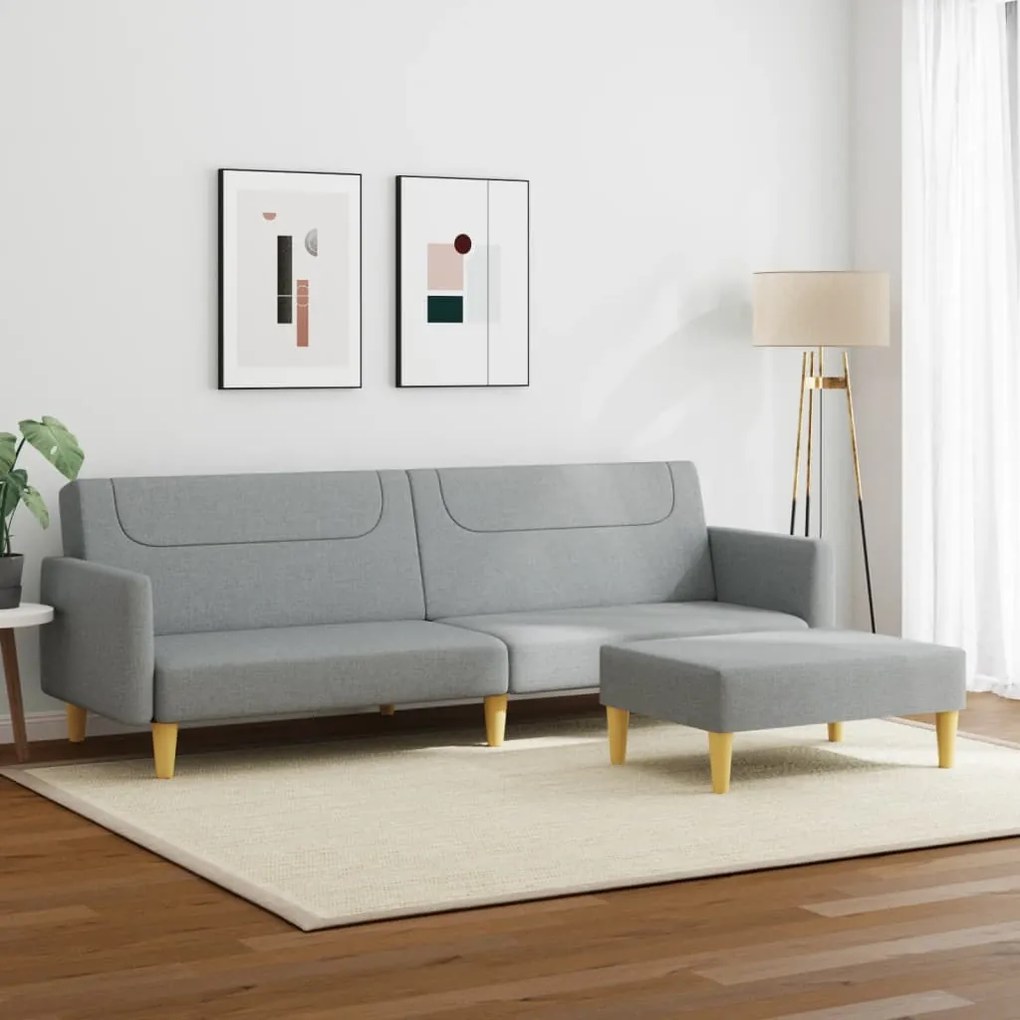 Sofá-cama de 2 lugares c/ apoio de pés tecido cinzento-claro