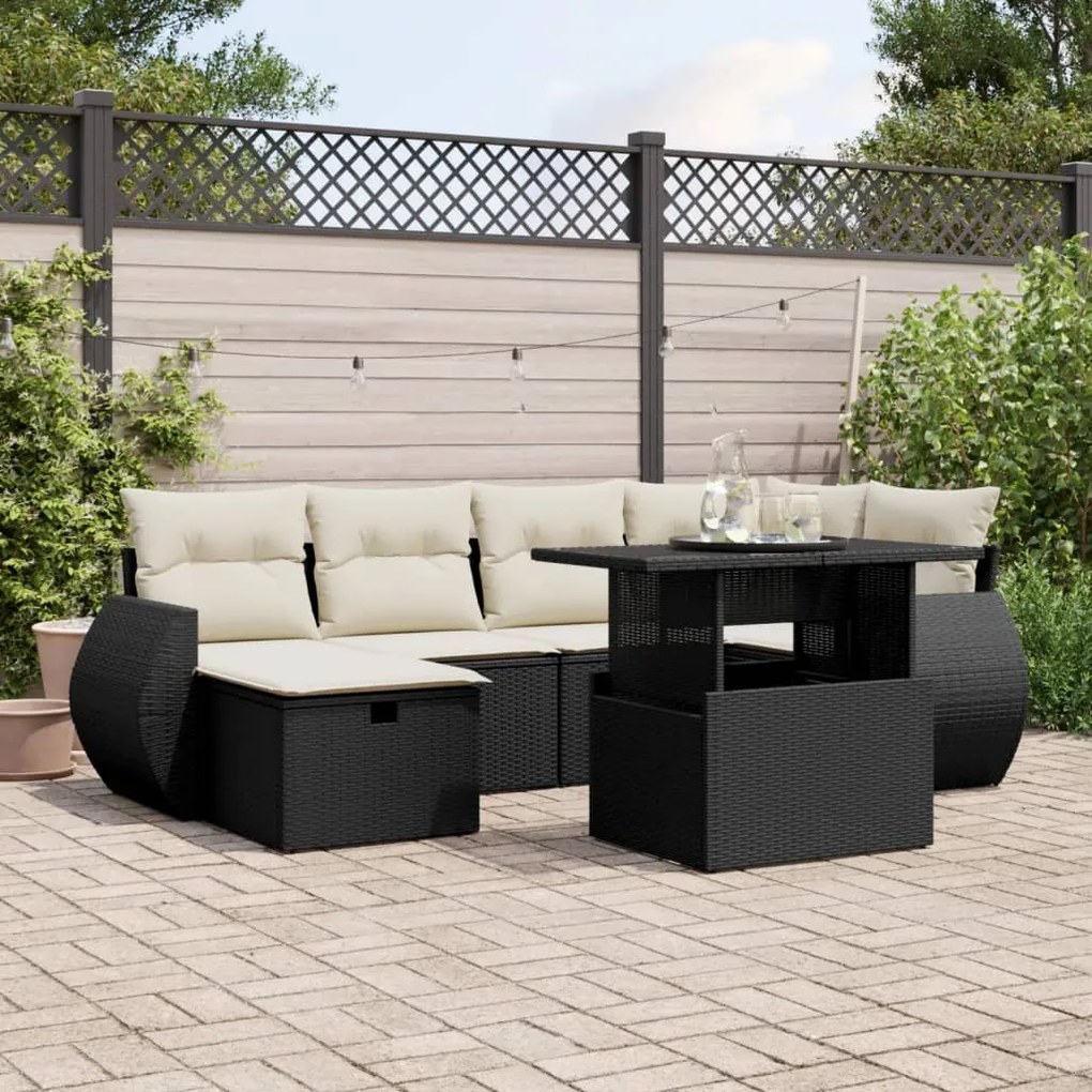 7 pcs conjunto de sofás p/ jardim c/ almofadões vime PE preto