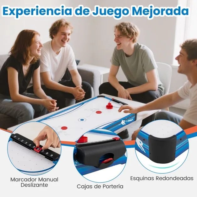 Mesa de hóquei de ar com ventilador potente de 12 V, 2 discos, 2 empurradores, 108 x 50,5 x 10 cm, branco e azul