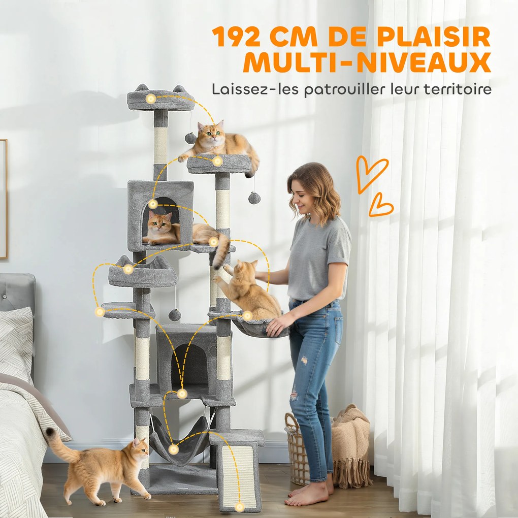 Arranhador para gatos com torre de brincadeiras: 8 postes para arranhar, 4 plataformas, 2 compartimentos abertos, escada e 3 bolas; altura: 192 cm; ci
