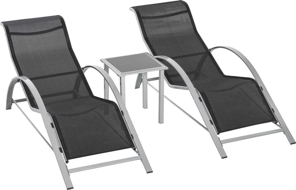 Outsunny Conjunto de espreguiçadeiras em metal com malha 3 peças. Espreguiçadeira com mesa lateral Conjunto de jardim com 2 espreguiçadeiras, 1 mesa lateral Conjunto de assentos para jardim, varanda 59B x 169T x 66H cm Preto+Prata | Aosom Portugal