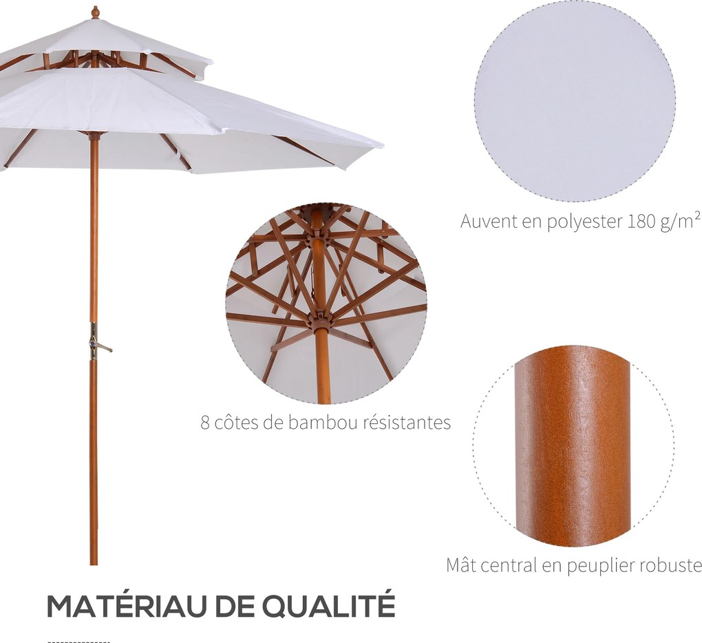 Guarda-sol de jardim redondo diâmetro 2,7 m x 2,6 m em madeira com 2 telas de poliéster de 180 g/m², de altura, branco