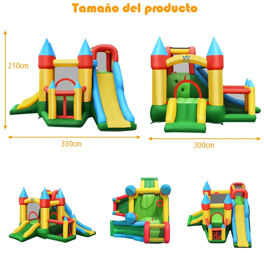 Castelo insuflável para crianças com compressor 680 W 2 escorregas Área de saltos Piscina com bolas 330 x 300 x 210 cm Multicolorido