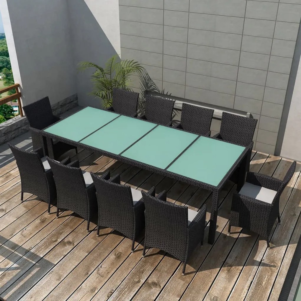 vidaXL 11 pcs conjunto jantar exterior com almofadões vime PE preto