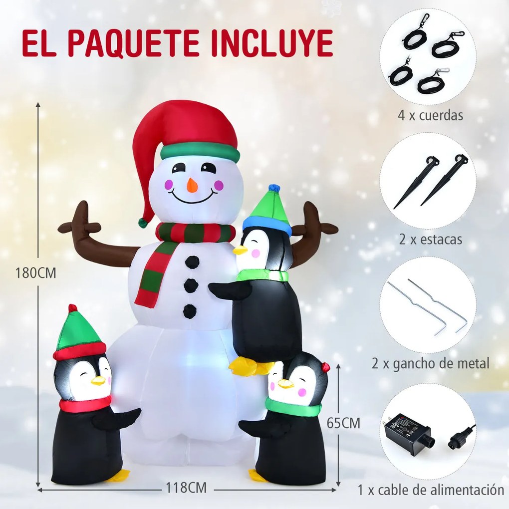Boneco de Natal Insuflável com Luzes Luminosas Pinguins Saco de Areia Embutido Decoração de Natal para Jardim Interior 180 cm