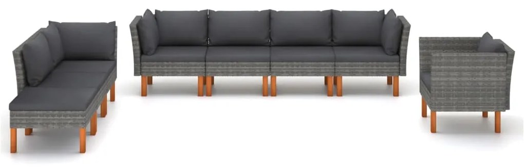 8 pcs conj. lounge jardim vime PE e madeira eucalipto cinzento